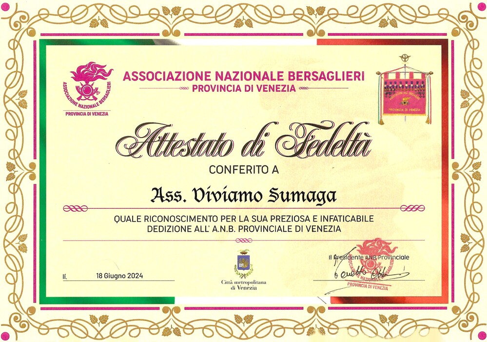 Associanzione Nazionale Bersalieri Attestato di fedeltà conferito ad Associazione Viviamo Summaga